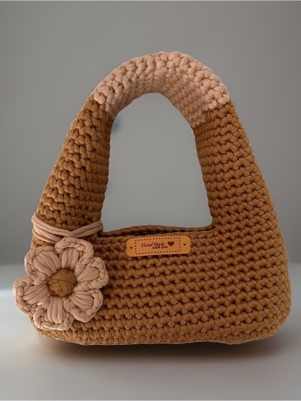 Handmade Brown & Cream Crochet Flower Hand Bag - Picture 8 of 8